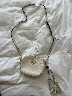 Tory Burch New Ivory white Pebbled Leather McGraw Round Crossbody with Tassels